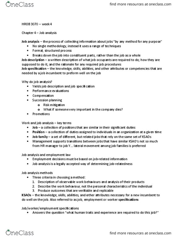 HROB 3070 Lecture Notes - Lecture 4: Job Analysis, Succession Planning, Paq thumbnail