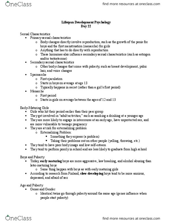 PSYCH 3400 Lecture Notes - Lecture 22: Secondary Sex Characteristic, Pubic Hair, Menarche thumbnail