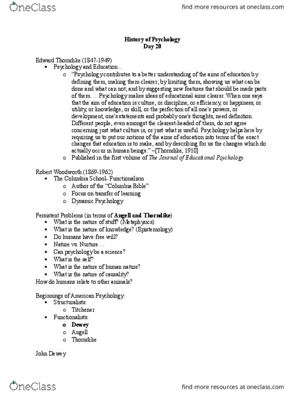 PSYCH 4150 Lecture Notes - Lecture 20: John Dewey, Reflex Arc, Edward Thorndike thumbnail