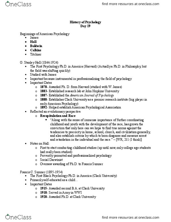 PSYCH 4150 Lecture Notes - Lecture 19: Mary Whiton Calkins, American Psychological Association, Johns Hopkins University thumbnail