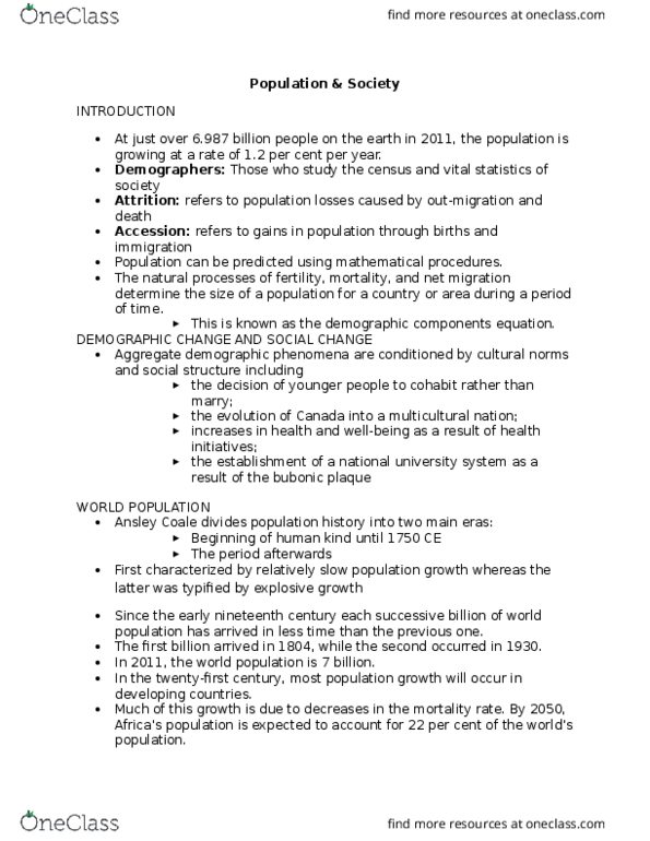 SOCI 1010 Lecture Notes - Lecture 17: Andre Gunder Frank, Ansley J. Coale, Demographic Transition thumbnail