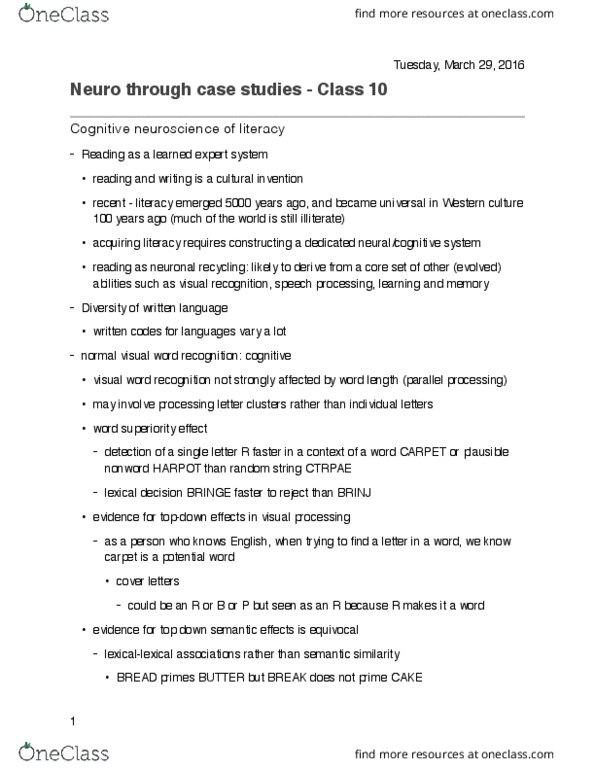 01:830:401 Lecture Notes - Lecture 10: Lexical Decision Task, Semantic Similarity, Cognitive Neuroscience thumbnail