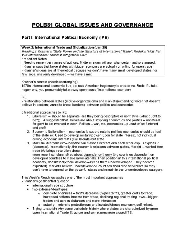 POLB81H3 Lecture Notes - Economic Integration, International Political Economy, Economic Nationalism thumbnail