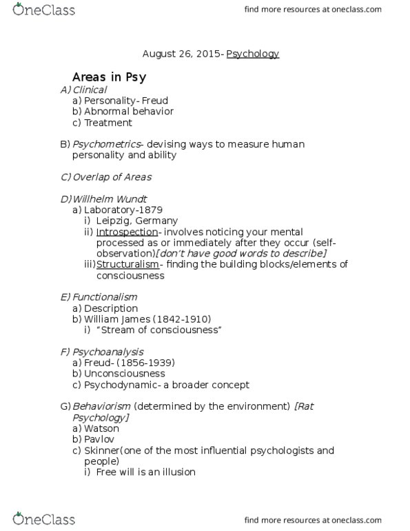 PSY 1410 Lecture Notes - Lecture 1: Psychometrics, Wilhelm Wundt, Psychoanalysis thumbnail
