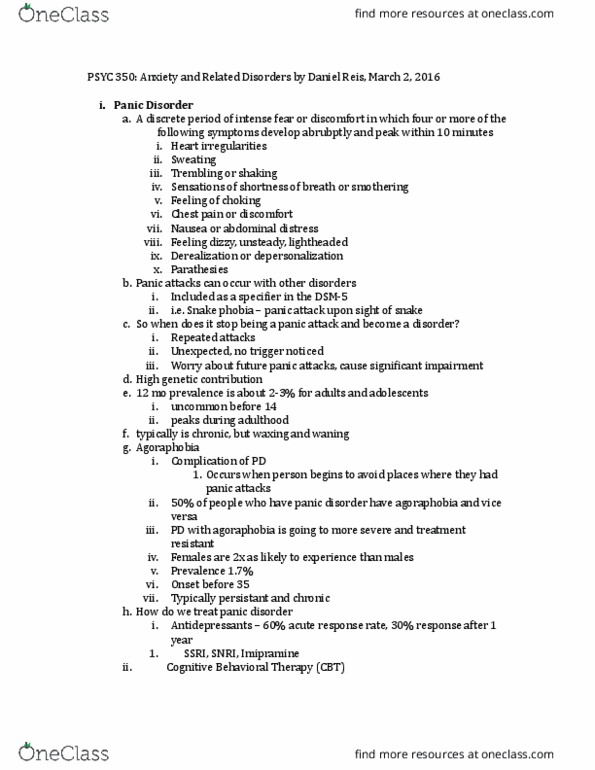 PSYC 350 Lecture Notes - Lecture 10: Dsm-5, Anxiety Disorder, Derealization thumbnail