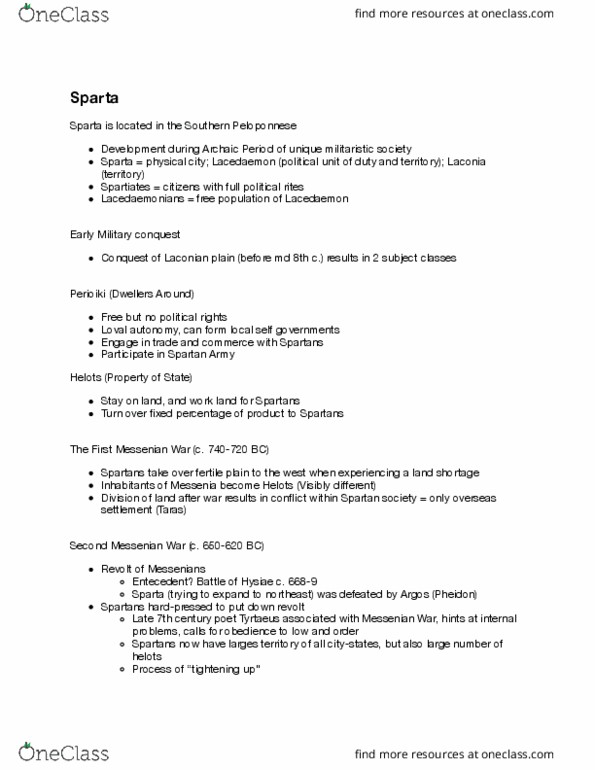 CLASS280 Lecture Notes - Lecture 5: Tegea, First Messenian War, Helots thumbnail