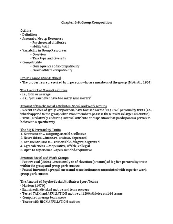 Kinesiology 3388A/B Lecture Notes - Trait Theory, Agreeableness, Conscientiousness thumbnail