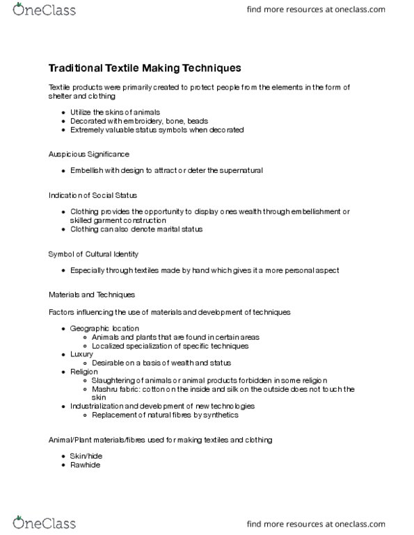 HECOL333 Lecture Notes - Lecture 1: Warp And Weft, Waterproofing, Needle Lace thumbnail