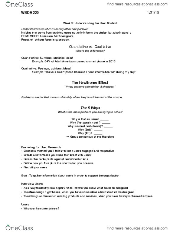 WBDV 220 Lecture Notes - Lecture 3: Usability, 5 Whys, Hawthorne Effect thumbnail