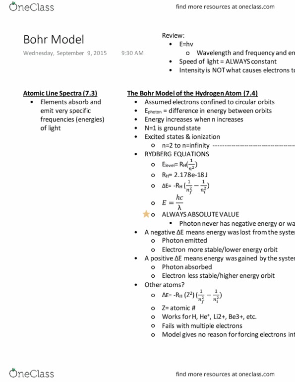 CHEM 102 Lecture Notes - Lecture 4: Bohr Model thumbnail