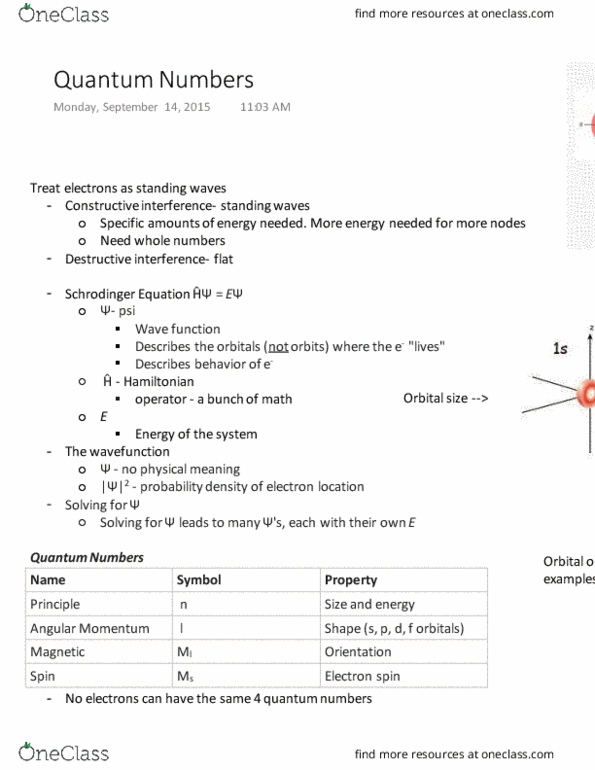CHEM 102 Lecture Notes - Lecture 5: Pauli Exclusion Principle, Wave Function, Schrödinger Equation thumbnail