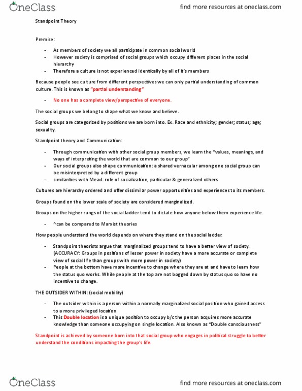 COMS 203 Lecture Notes - Lecture 6: Standpoint Theory, Double Consciousness, Standpoint (Magazine) thumbnail