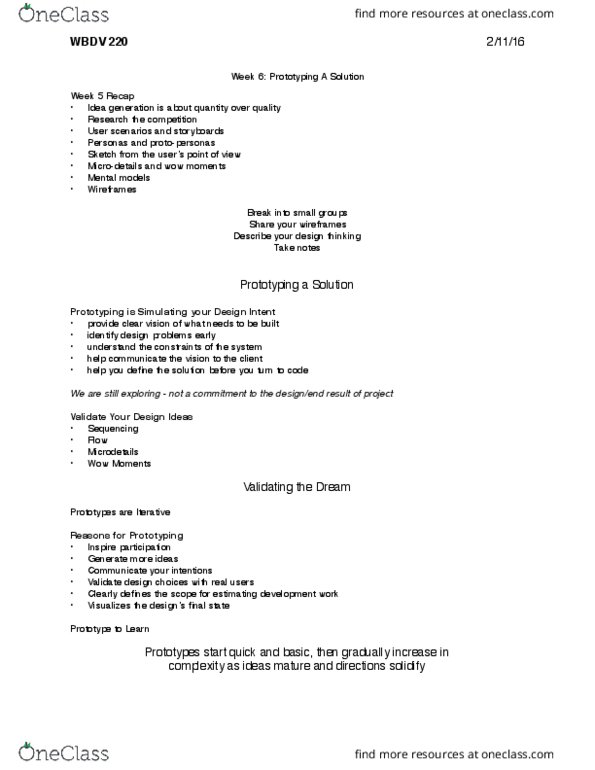 WBDV 220 Lecture Notes - Lecture 6: Paper Prototyping, Usability thumbnail