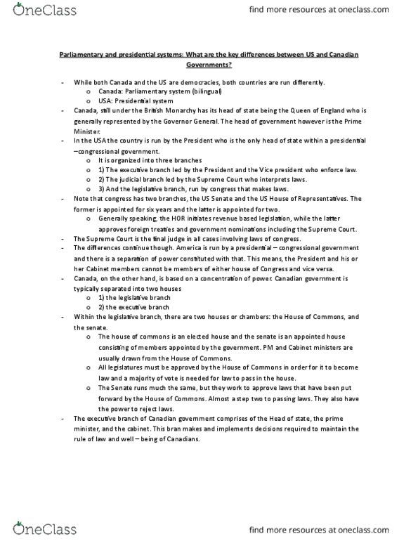 POLI 201 Lecture Notes - Lecture 10: Presidential System, Parliamentary System thumbnail