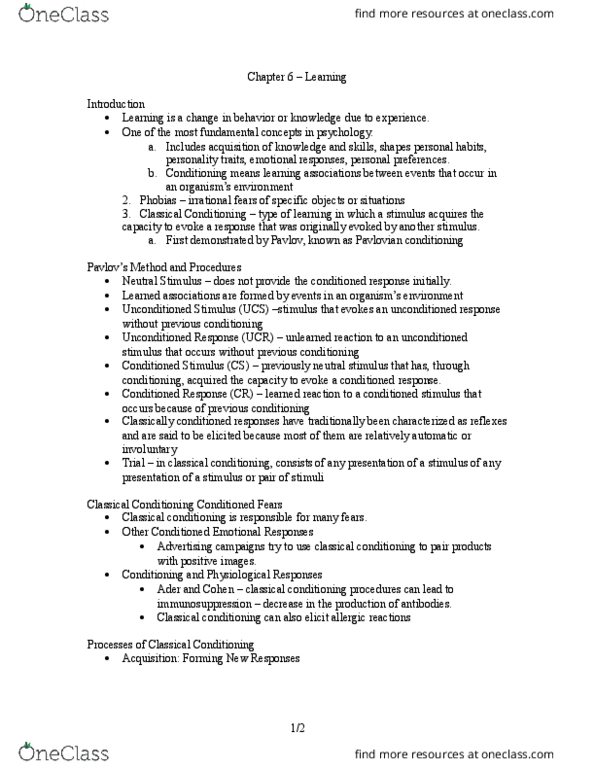 PSY100Y5 Chapter Notes - Chapter 6: Antibody, Little Albert Experiment, Operant Conditioning thumbnail