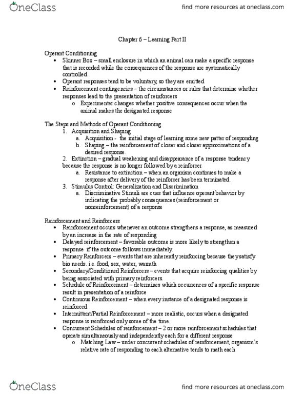 PSY100Y5 Chapter Notes - Chapter 6: Matching Law, Operant Conditioning, Optimal Foraging Theory thumbnail