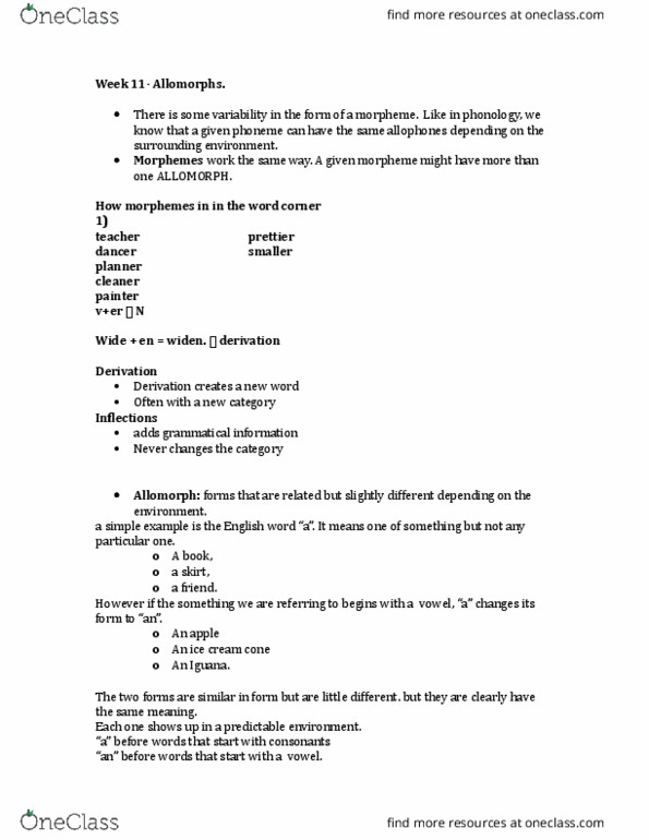 LINGUIST 1A03 Lecture Notes - Lecture 11: Phoneme, Inflection, Affix thumbnail