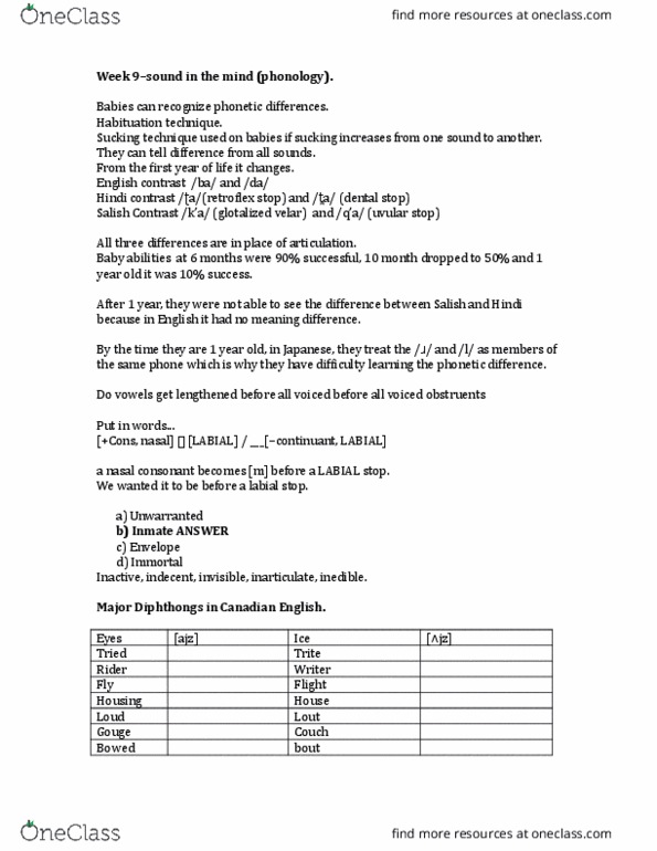 LINGUIST 1A03 Lecture Notes - Lecture 9: Phoneme, Continuant, Habituation thumbnail