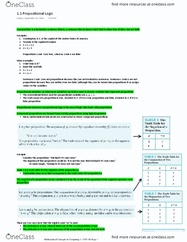 CIS 1166 Lecture Notes - Lecture 1: Bitwise Operation, Propositional Calculus thumbnail