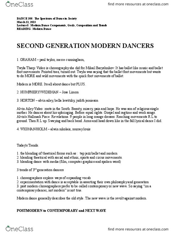 DANCE200 Lecture Notes - Lecture 8: Murray Louis, La La La Human Steps, Modern Dance thumbnail