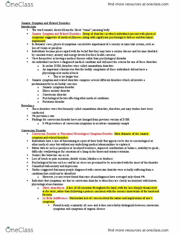 PSYC 241 Lecture Notes - Lecture 9: Etiology, Hypochondriasis, Distressing thumbnail