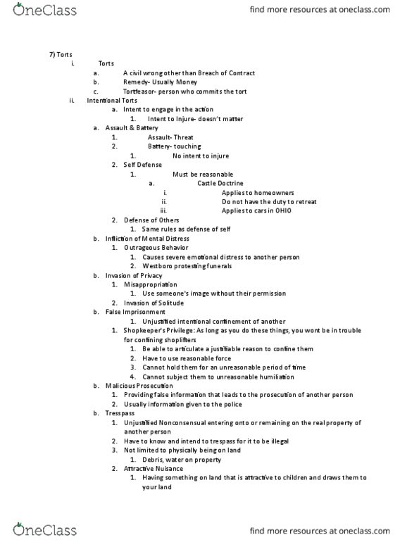 MGT 201 Lecture Notes - Lecture 9: Contributory Negligence, Castle Doctrine, Punitive Damages thumbnail