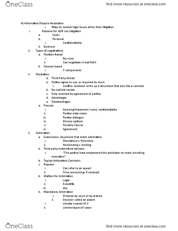 MGT 201 Lecture Notes - Lecture 7: Mock Trial, Alternative Dispute Resolution, Arbitration Clause thumbnail