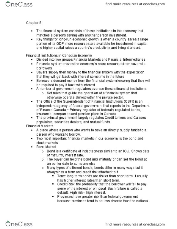 ECON 1BB3 Chapter Notes - Chapter 8: Credit Risk, Financial System, Loanable Funds thumbnail