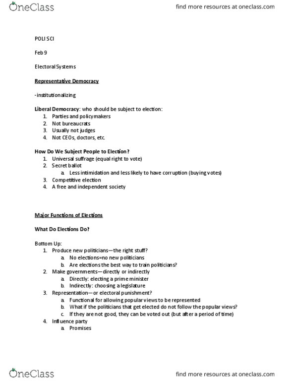 Political Science 1020E Lecture Notes - Lecture 7: Universal Suffrage, Instant-Runoff Voting, Majoritarianism thumbnail