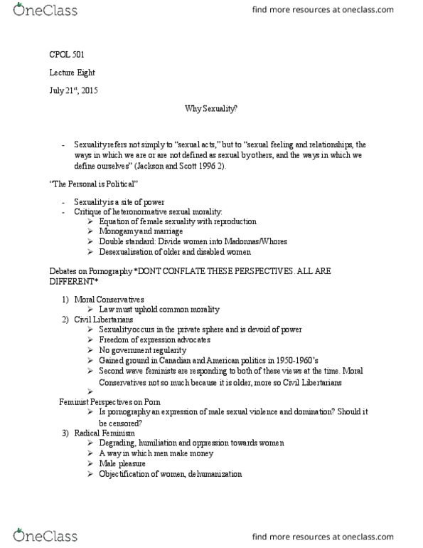 POL 501 Lecture Notes - Lecture 8: Heteronormativity, Double Standard, Radical Feminism thumbnail