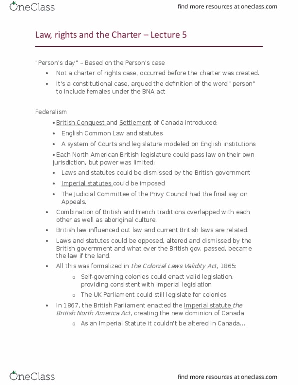 LAWS 1000 Lecture Notes - Lecture 5: Section 33 Of The Canadian Charter Of Rights And Freedoms, Minority Language, Indian Act thumbnail
