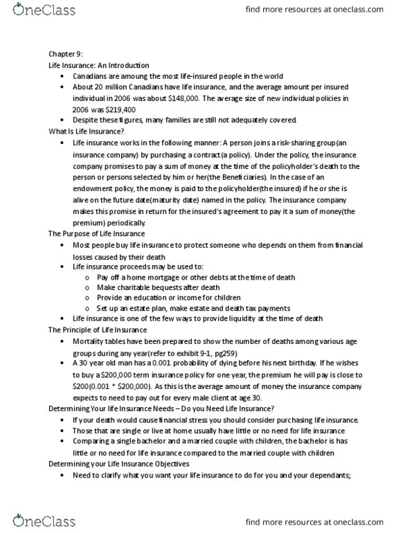 MCS 2100 Lecture Notes - Lecture 9: Universal Life Insurance, Vehicle Insurance, Endowment Policy thumbnail