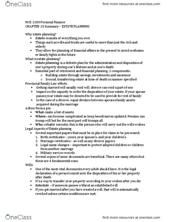 MCS 2100 Lecture Notes - Lecture 11: Settlor, Estate Planning, Tax Rate thumbnail