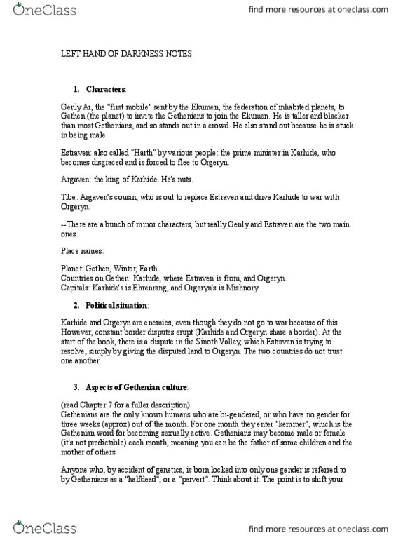 ENGL1080 Lecture Notes - Lecture 3: The Left Hand Of Darkness, Gethen, Sparknotes thumbnail