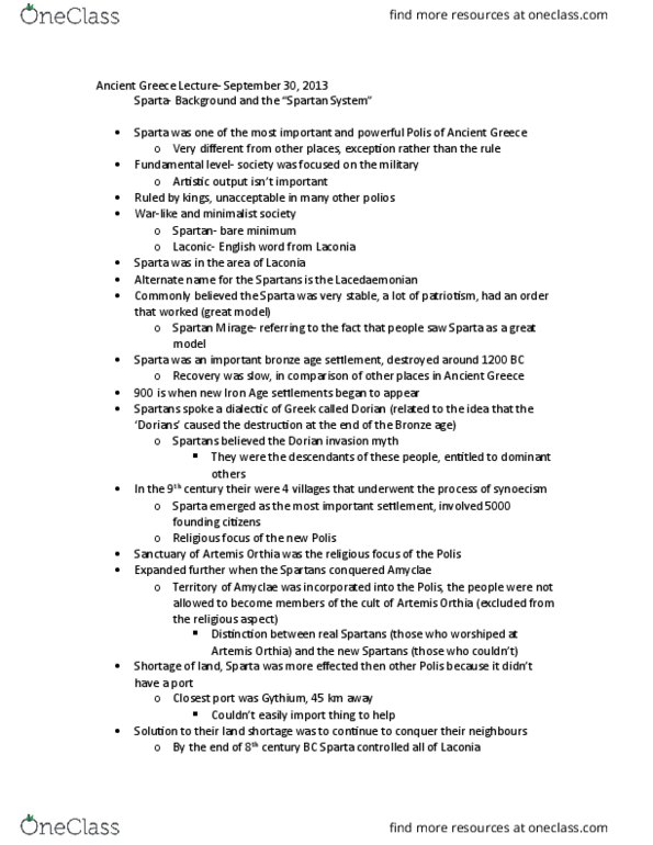 AHCL 2105H Lecture Notes - Lecture 5: Synoecism, Second Messenian War, Dorian Invasion thumbnail