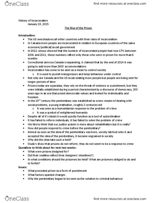 HIST 3711 Lecture Notes - Lecture 2: Arson, Correctional Service Of Canada, Eastern State Penitentiary thumbnail