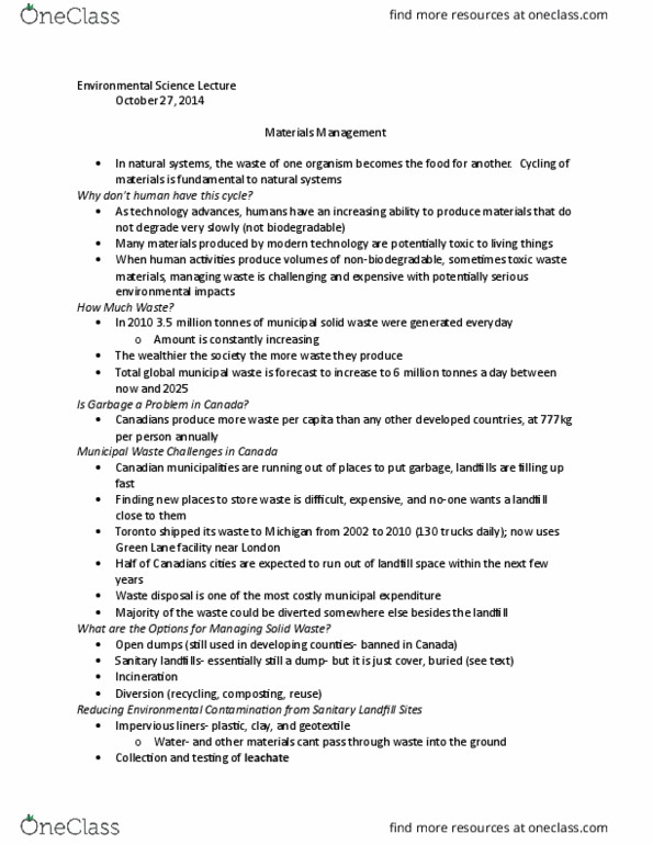 ERSC 2700 Lecture Notes - Lecture 7: Cogeneration, Leachate, Savers thumbnail