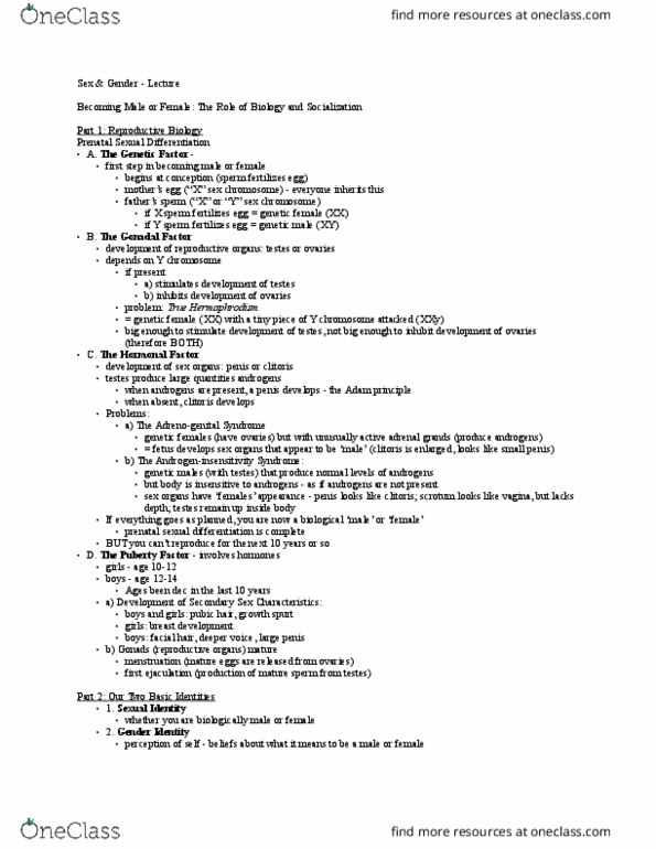 Psychology 2035A/B Lecture Notes - Lecture 4: Gender Role, Fetus, Y Chromosome thumbnail