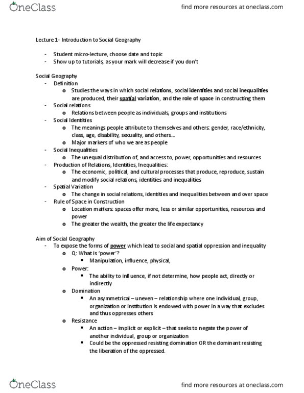 Geography 2410A/B Lecture Notes - Lecture 1: Social Determinism, Cultural Geography thumbnail