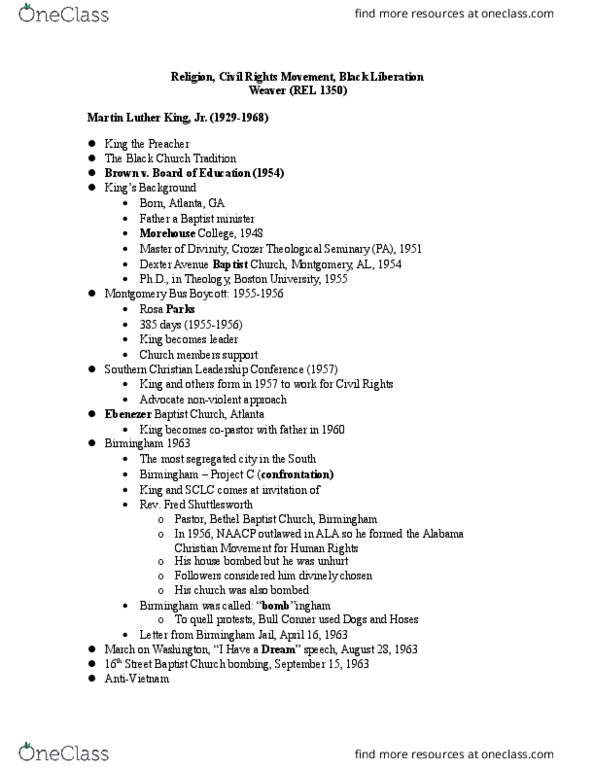REL 1350 Lecture Notes - Lecture 19: John Carlos, Dexter Avenue Baptist Church, James H. Cone thumbnail