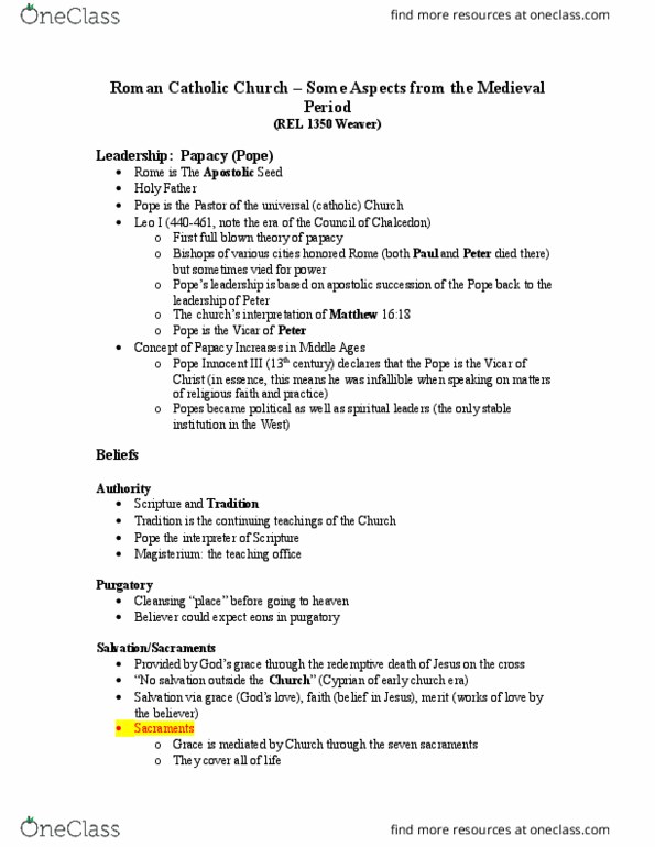 REL 1350 Lecture Notes - Lecture 16: Infant Baptism, Simony, Magisterium thumbnail