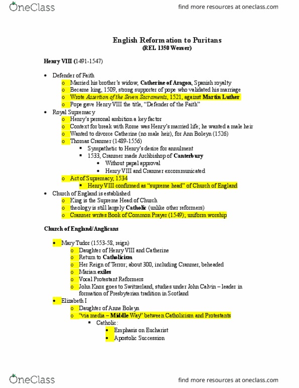 REL 1350 Lecture Notes - Lecture 10: Mary Dyer, Externals, Acts Of Supremacy thumbnail