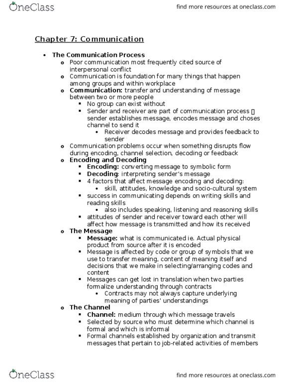 COMM 292 Chapter Notes - Chapter 7: Institute For Operations Research And The Management Sciences, Communication Problems, Kinesics thumbnail