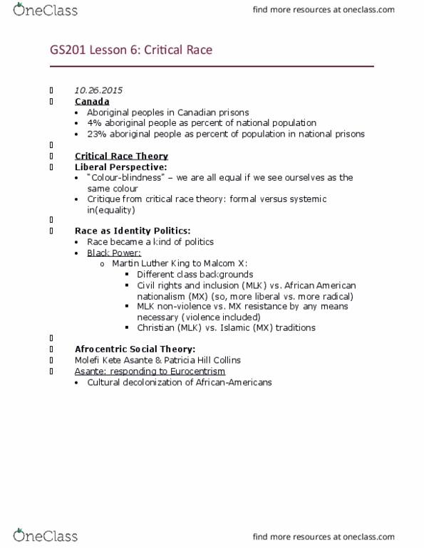 GS201 Lecture Notes - Lecture 6: Racialization, Difference Feminism, Afrocentrism thumbnail