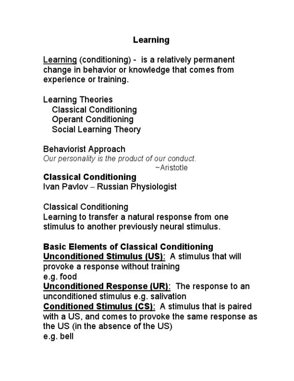 PSY260H1 Chapter Notes -Interstimulus Interval, Classical Conditioning, Social Learning Theory thumbnail