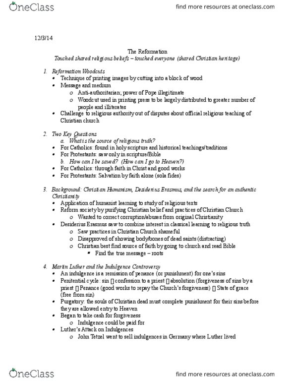 CGS SS 101 Lecture Notes - Lecture 18: Protestantism, Twelve Articles, Absolution thumbnail