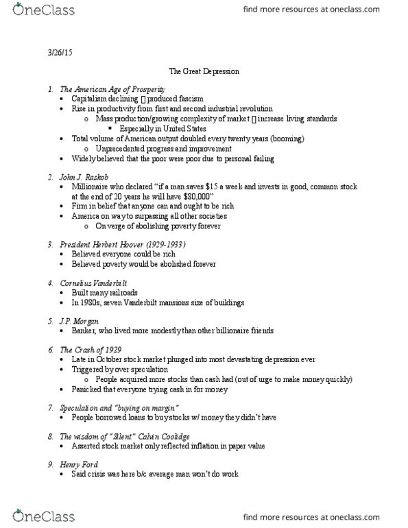 CGS SS 102 Lecture Notes - Lecture 15: Calvin Coolidge, Stock Market Crash, Herbert Hoover thumbnail