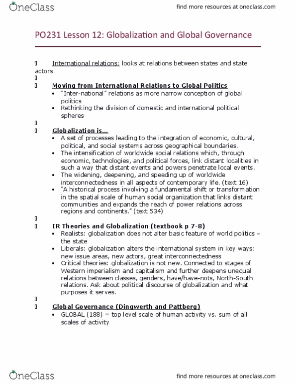 PO231 Lecture Notes - Lecture 12: Liberal Democracy, North American Free Trade Agreement, Glocalization thumbnail