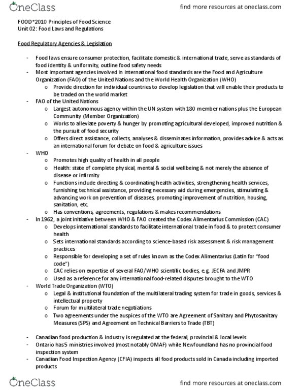 FOOD 2010 Lecture Notes - Lecture 2: Health Canada, Canadian Food Inspection Agency, Islamic Dietary Laws thumbnail