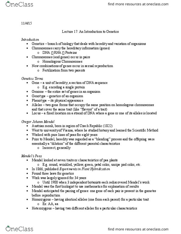 CGS NS 201 Lecture Notes - Lecture 15: Gamete, Heredity, Phenotype thumbnail